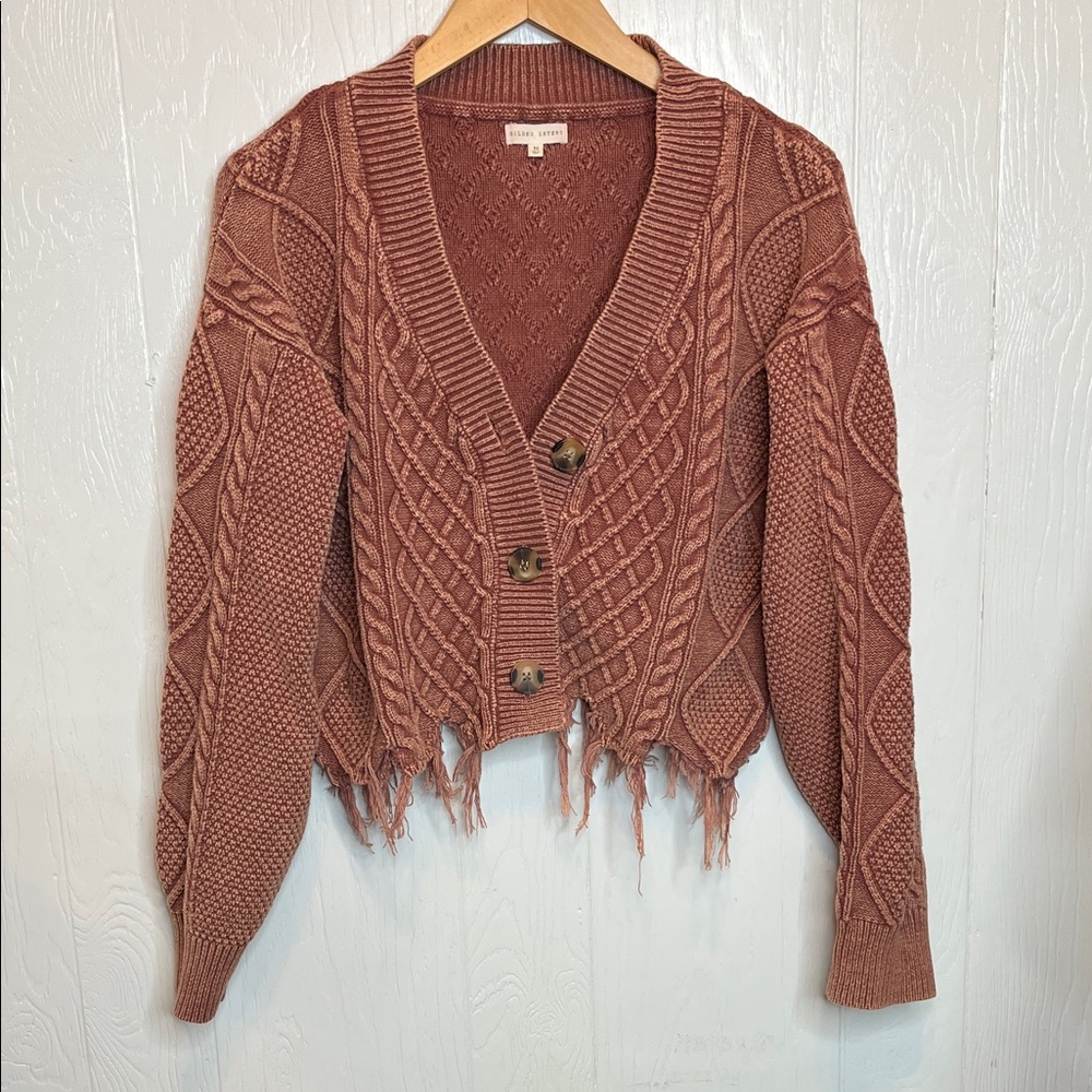 Gilded Intent Frayed Hem Cable Knit Cardigan - Rust